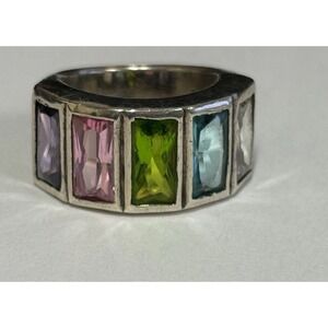 Vintage Sterling Silver 925 Ring 5-Stone Pink, Purple, Green, Blue, White, Sz 7